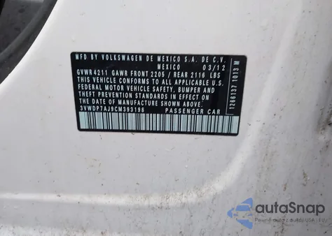 2012 Volkswagen Jetta Se from USA, damaged, VIN 3VWDP7AJ9CM393198